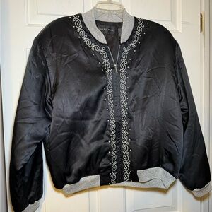 August Silk Black Bomber Jacket Metallic Silver Embroidery Pearls Small Classic